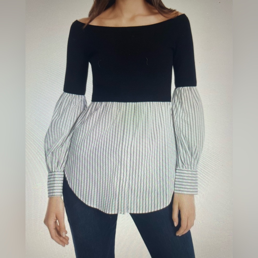 WHITE HOUSE BLACK MARKET Striped Two-Fer Black White Sweater Button Shirt Top S